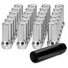 imageDYNOFIT 14mmx15 Wheel Lug Nuts 32x Black M14x15 Lug NutConicalCone Bulge Seat Closed End Long Extended XL Spline with 1 Socket Key Fits 8 Lug Aftermarket WheelsSilver