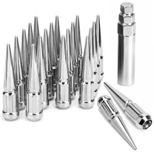 imageDYNOFIT 12mmx15 Wheel Spike Lug Nuts 20 x M12x15 Lug Nut 335 inch Tall Closed End Nuts with 1 Socket Key Compatible with Acura Honda Chevy Hyundai Toyota Lexus MitsubishiChromeSilver