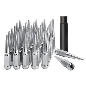 imageDYNOFIT 14 mm x 15 Wheel Spike Lug Nuts 24 x Chrome M14x15 Lug Nut ConeConical Bulge Seat DYNOFIT Silver Closed End Nuts with 1 Socket Key for Chevy Silverado Aftermarket WheelSilver