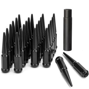 imageDYNOFIT 14 mm x 15 Wheel Spike Lug Nuts 24 x Chrome M14x15 Lug Nut ConeConical Bulge Seat DYNOFIT Silver Closed End Nuts with 1 Socket Key for Chevy Silverado Aftermarket WheelBlack