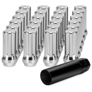 imageDYNOFIT 14mmx15 Wheel Lug Nuts 32x Black M14x15 Lug NutConicalCone Bulge Seat Closed End Long Extended XL Spline with 1 Socket Key Fits 8 Lug Aftermarket WheelsSilver