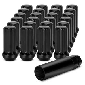 imageDYNOFIT 14mmx15 Wheel Lug Nuts 32x Black M14x15 Lug NutConicalCone Bulge Seat Closed End Long Extended XL Spline with 1 Socket Key Fits 8 Lug Aftermarket WheelsBlack